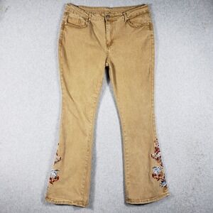 Embroidered Flare Jeans Tan Brown Floral Bootcut Boho Festival Womens Size